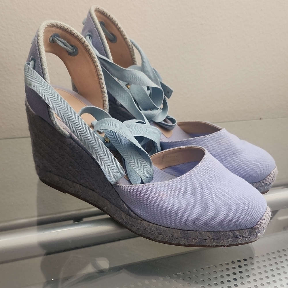 Stuart Weitzman Blue Espadrille Wedge Sandals Wrap Tie Summer Resort